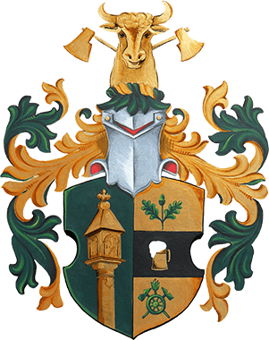 Wappen der Familie Fruhmann mit Symbol für Fleischermeister, Ritter (Symbol Wernberg), Symbol für die Feuerwehr, Eichel (Symbol der Adels Familie die Wernberg quasi gegründet hat, Bierkurg (Symbol für Gastwirte) und das Wahrzeichen von Wernberg