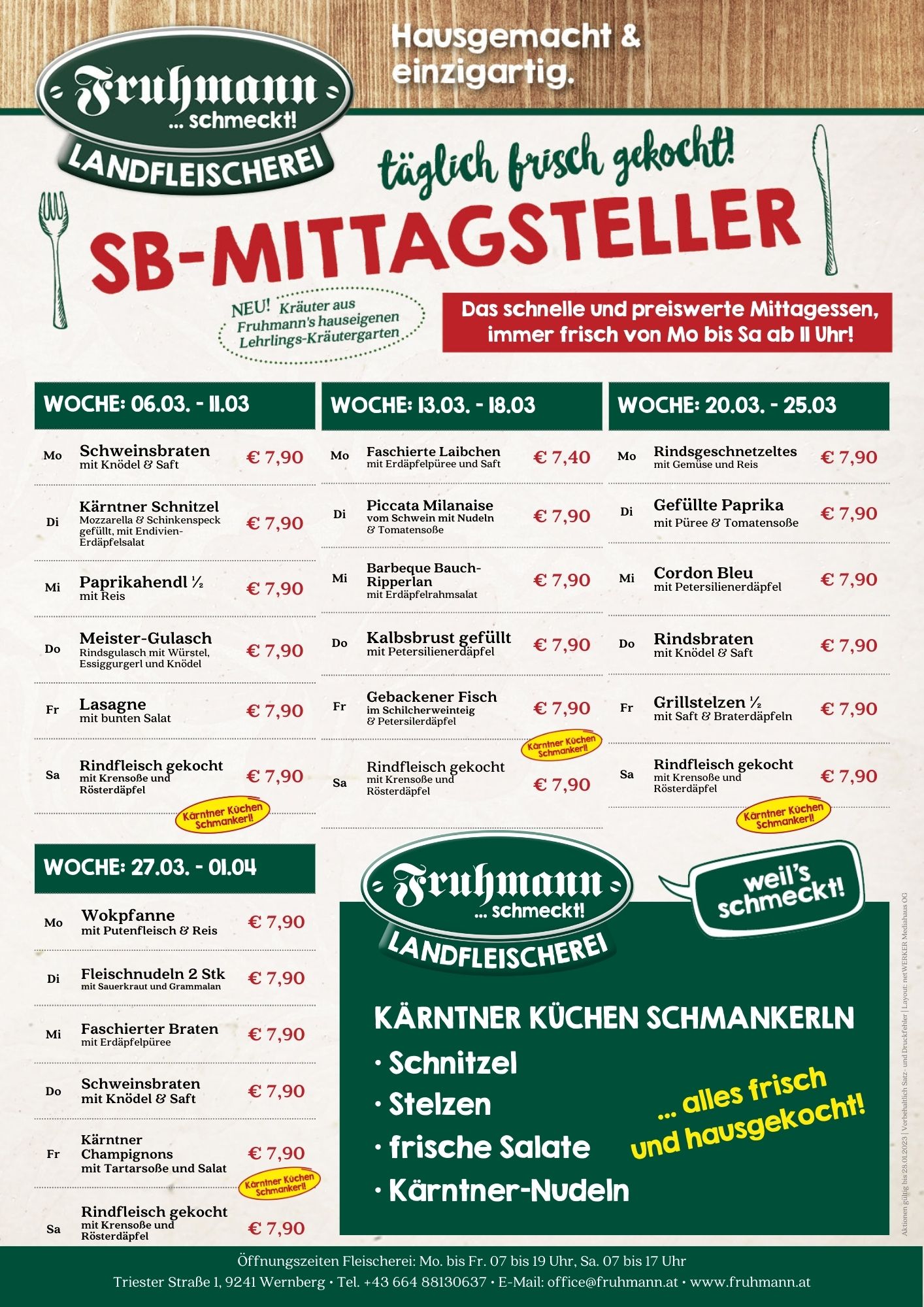 Menü Plan für den Mittagsteller in der Fleischerei Fruhmann für das Monat März