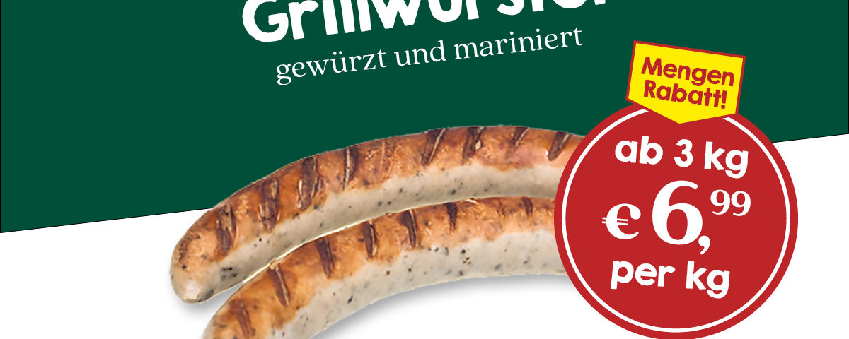 Grillwürstel gewürzt und mariniert Mengen Rabatt ab 3kg 6,99 € per kg