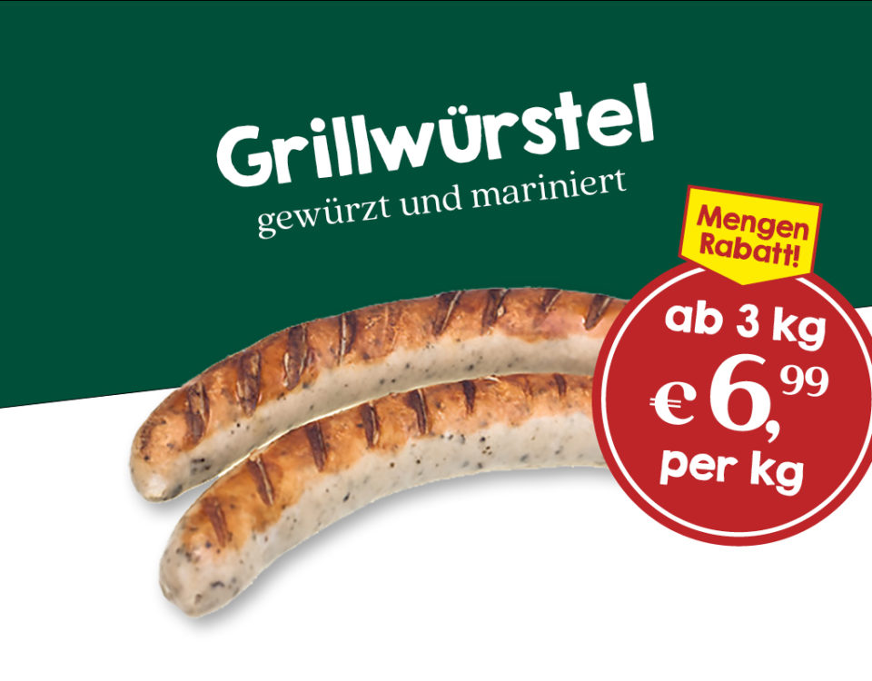 Grillwürstel gewürzt und mariniert Mengen Rabatt ab 3kg 6,99 € per kg