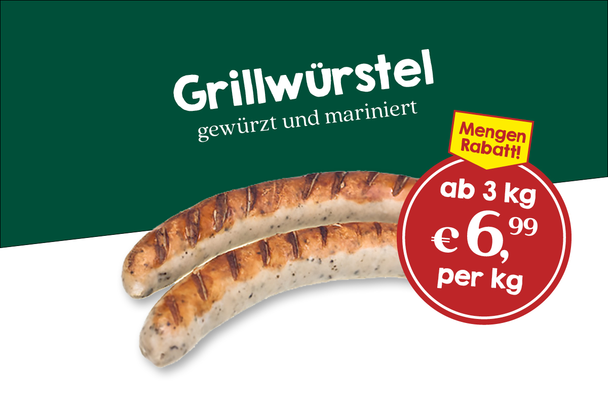 Grillwürstel gewürzt und mariniert Mengen Rabatt ab 3kg 6,99 € per kg