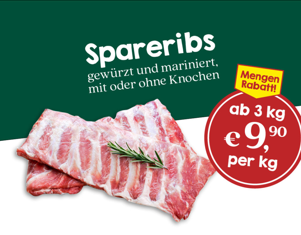 Spareribs gewürzt und mariniert, mit oder ohne Knochen ab 3 kg Mengen Rabatt € 9,90 per kg